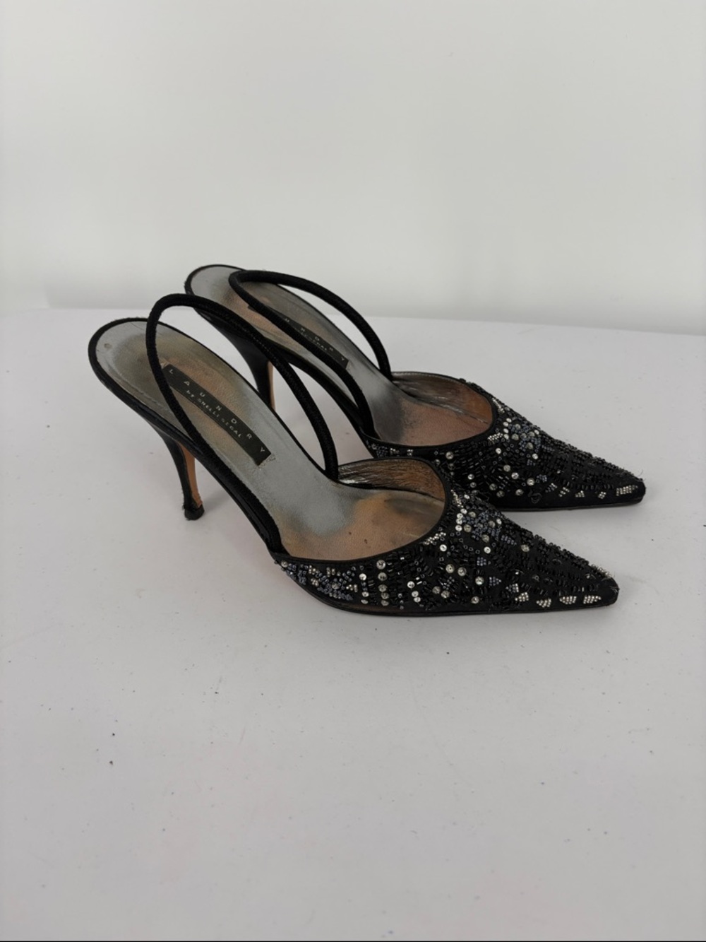 ✂️ Landry Black satin Beaded Pointed Toe Slingback Heels